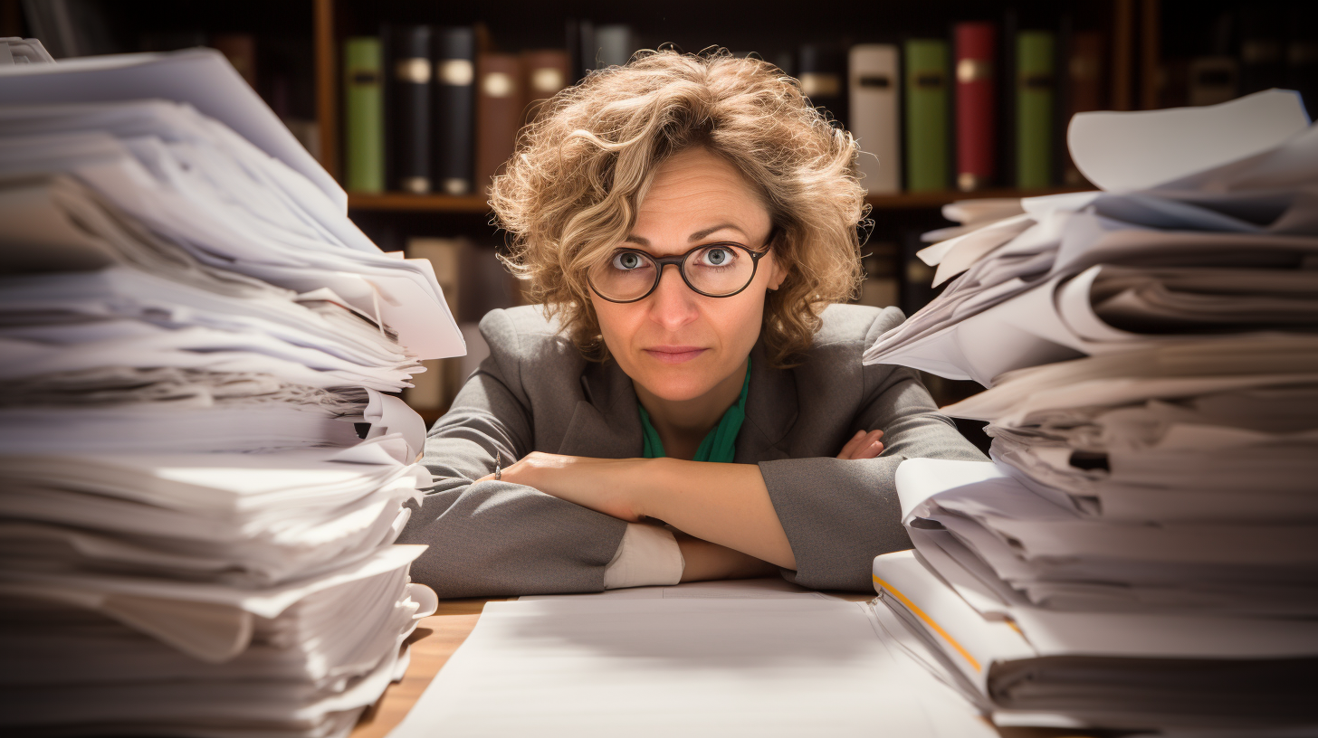 lawyer with piles of paper contracts